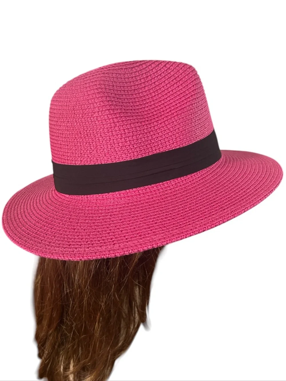 Vintage Hot Pink Wide Brim Straw Fedora with Black Band - Picture 2 of 7